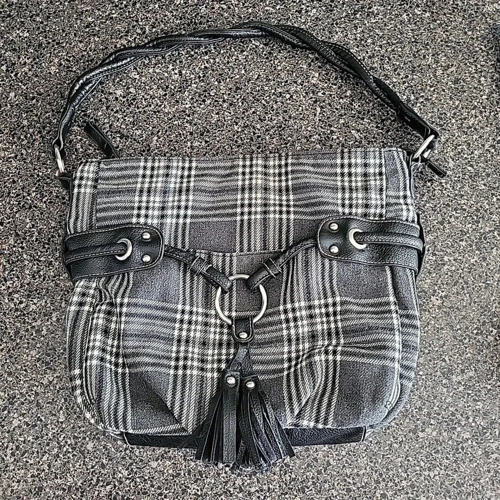 ROSETTI gray PLAID Fabric LARGE Hobo Shoulder bag Black Trim & TASSELS silver